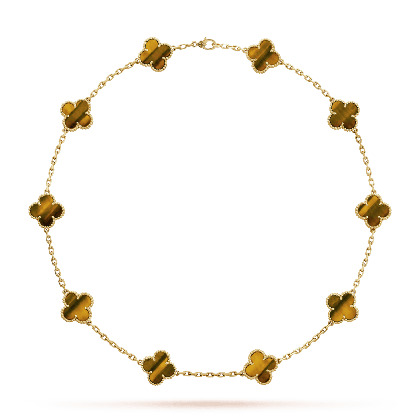 18K Van Cleef & Arpels Vintage Alhambra Tiger Eye 10 Motifs Necklace