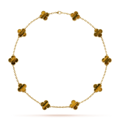 18K Van Cleef & Arpels Vintage Alhambra Tiger Eye 10 Motifs Necklace