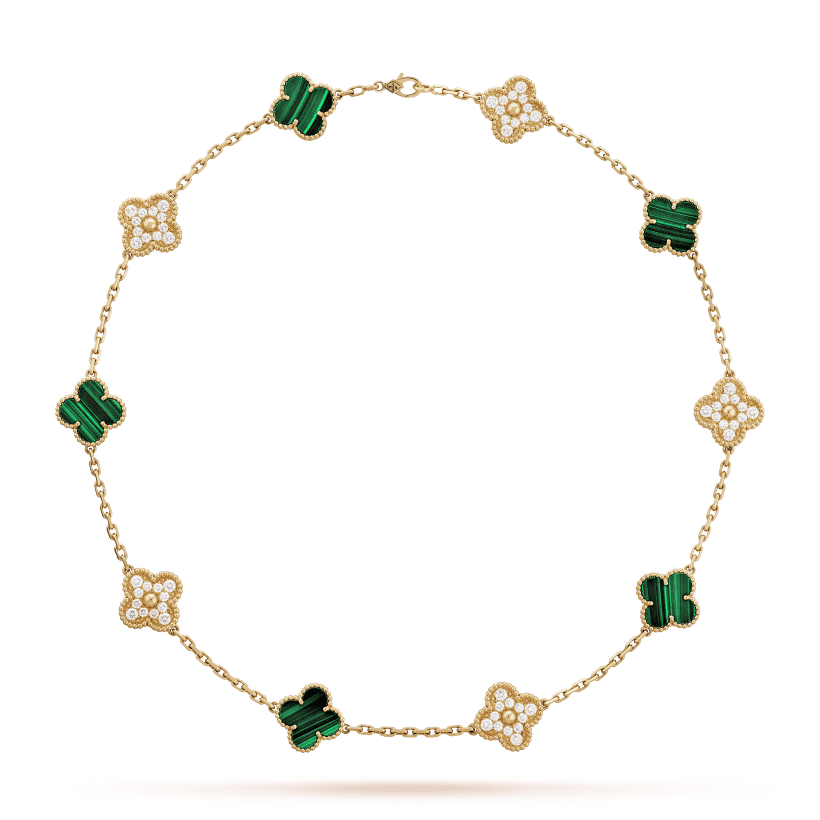 18K Van Cleef & Arpels Vintage Alhambra Malachite Diamonds 10 Motifs Necklace