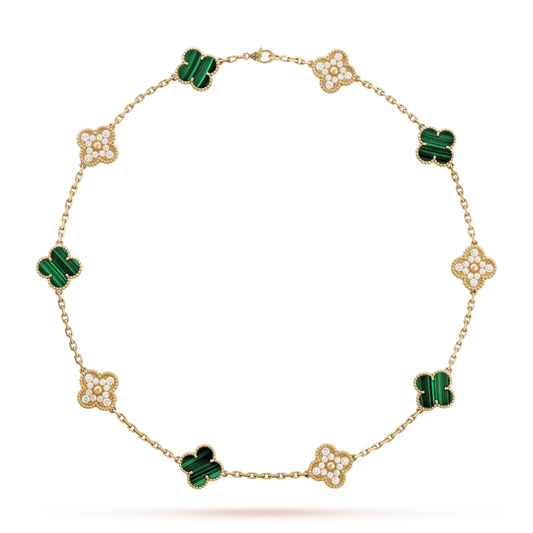 18K Van Cleef & Arpels Vintage Alhambra Malachite Diamonds 10 Motifs Necklace