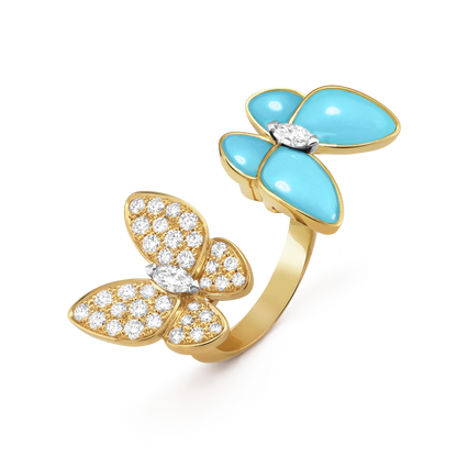 18K Van Cleef & Arpels VCA Two Butterfly Between the Finger Turquoise Ring