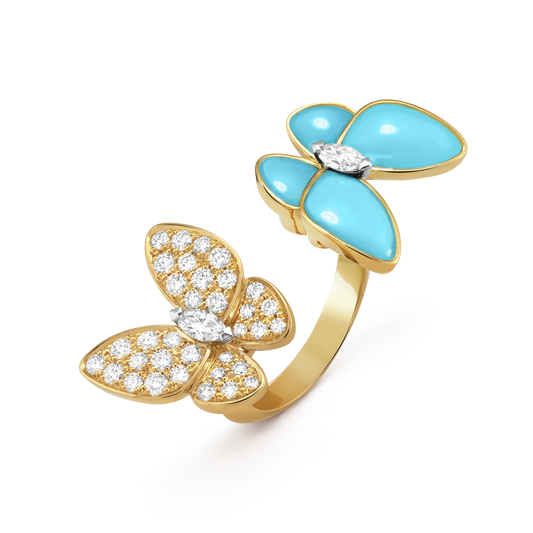 18K Van Cleef & Arpels VCA Two Butterfly Between the Finger Turquoise Ring