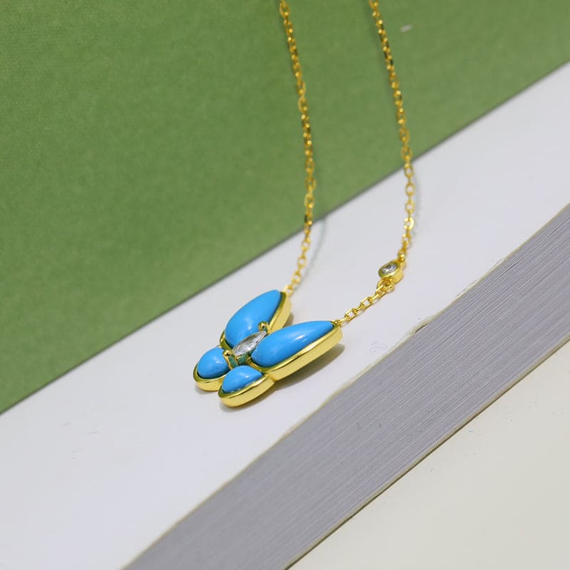 18K Two Butterfly Pendant with Diamond & Turquoise Necklace