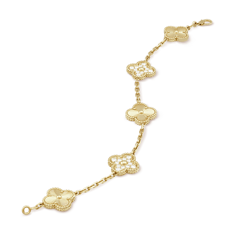 18K Vintage Alhambra Five Motifs Diamonds Clover Bracelet