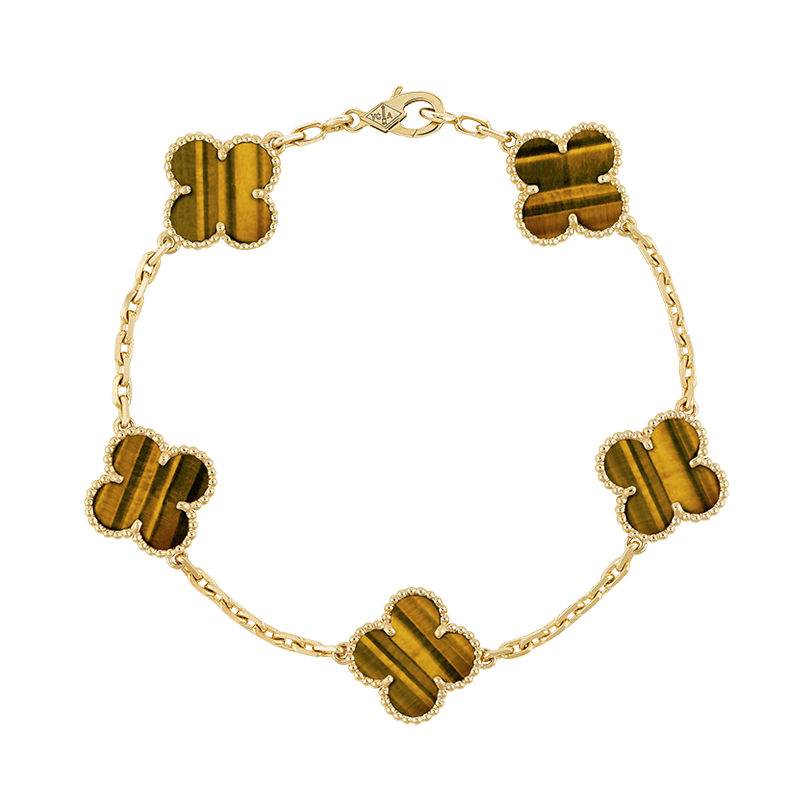 18K Van Cleef & Arpels Vintage Alhambra Five Motifs Tiger Eye Bracelet