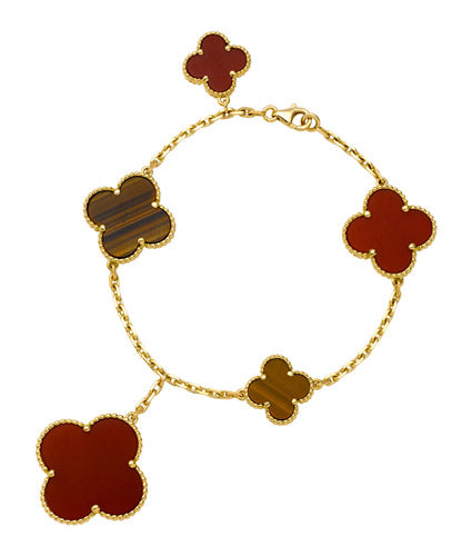 18K Van Cleef & Arpels Lucky Carnelian and Tigers Eye Alhambra Bracelet