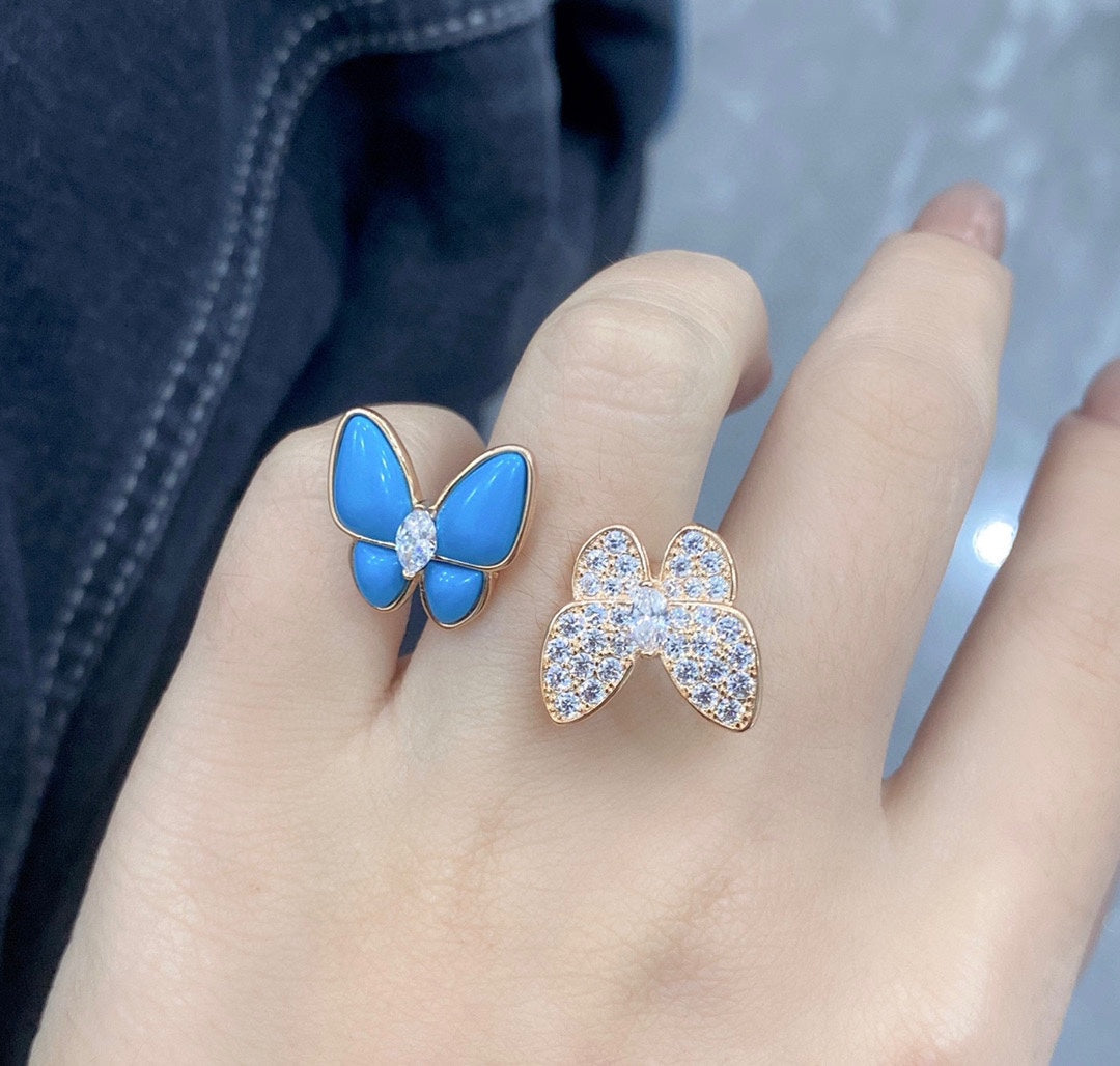 18K Two Butterfly Between the Finger Turquoise Ring