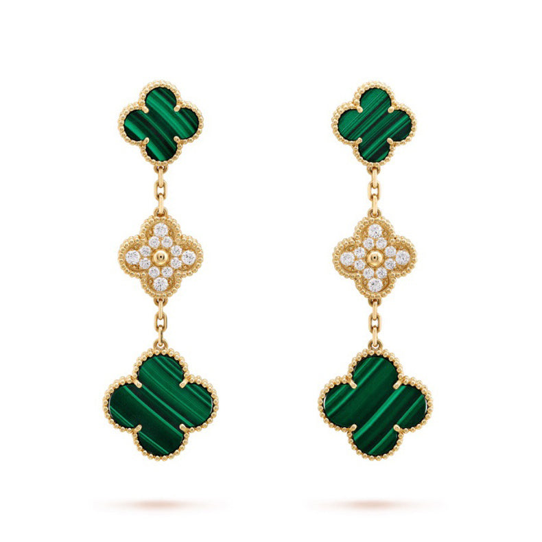 18k Van Cleef & Arpels Magic Alhambra Three Malachite Motifs Earrings