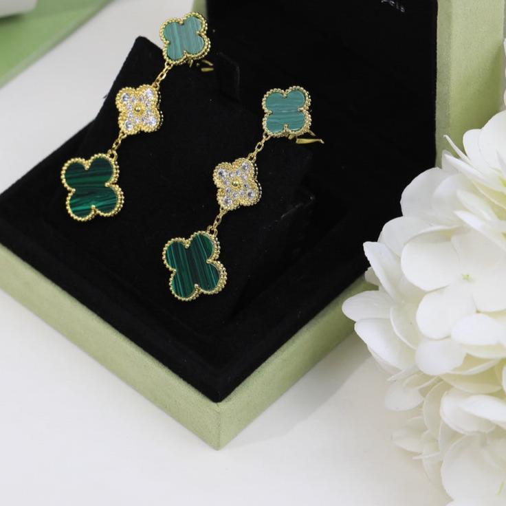 18K Magic Alhambra Three Malachite Motifs Clover Earrings