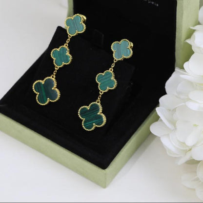 18K Magic Alhambra Three Malachite Motifs Clover Earrings