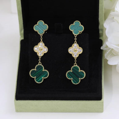 18K Magic Alhambra Three Malachite Motifs Clover Earrings