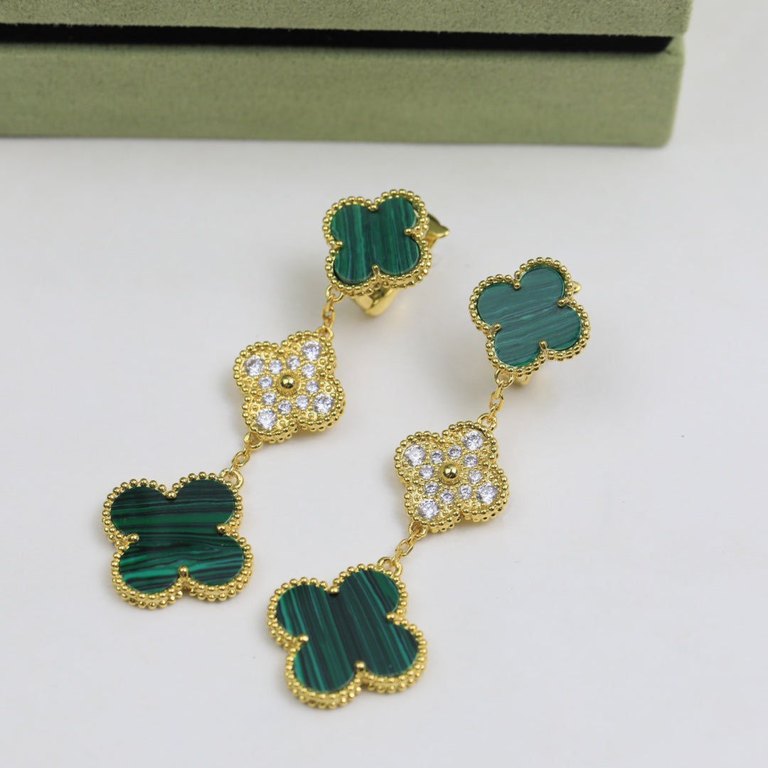 18K Magic Alhambra Three Malachite Motifs Clover Earrings