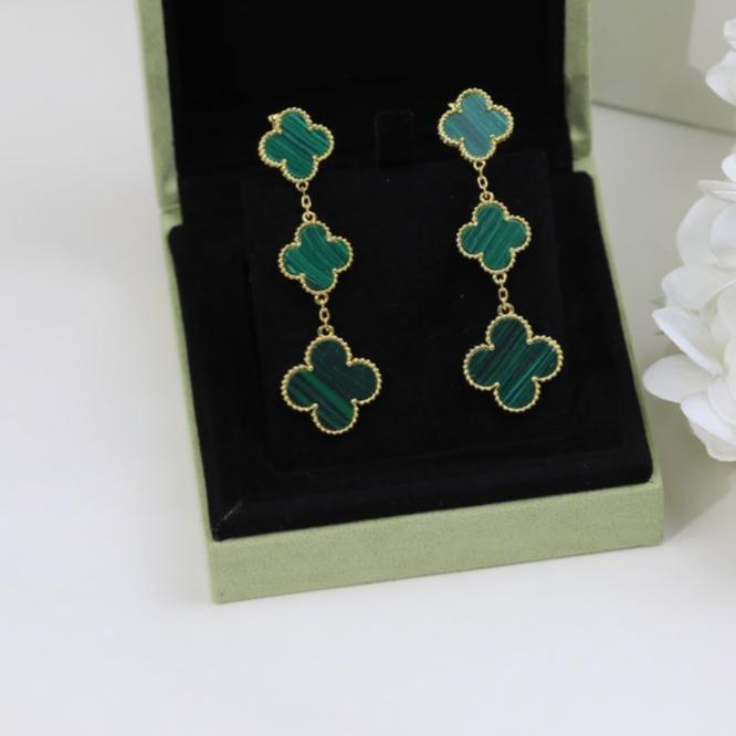 18K Magic Alhambra Three Malachite Motifs Clover Earrings