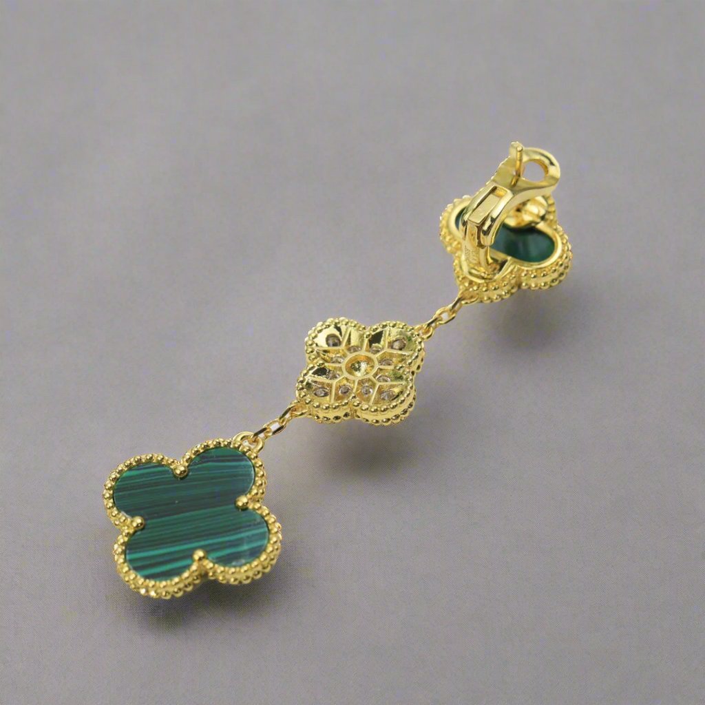 18K Magic Alhambra Three Malachite Motifs Clover Earrings